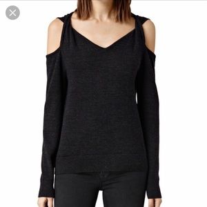 Allsaints Gray merino wool cold shoulder sweater